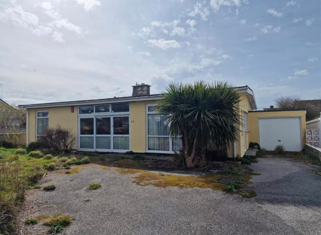 1964 Mid-Century bungalow in Newquay before renovation with original frontage, large windows and mature palm tree