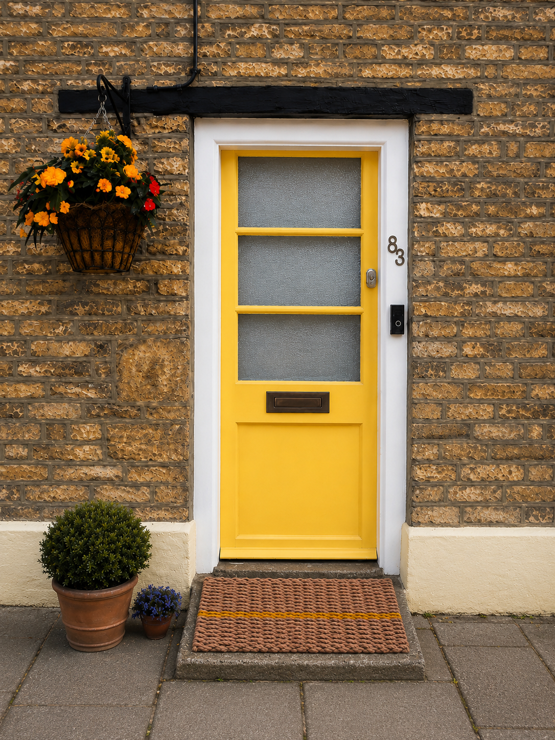 Newquay fishing boat providing reclaimed rope used in Lovan door mat presented outside yellow door step. 
